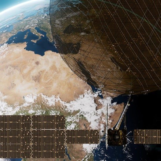 A ViaSat-3 satellite over earth