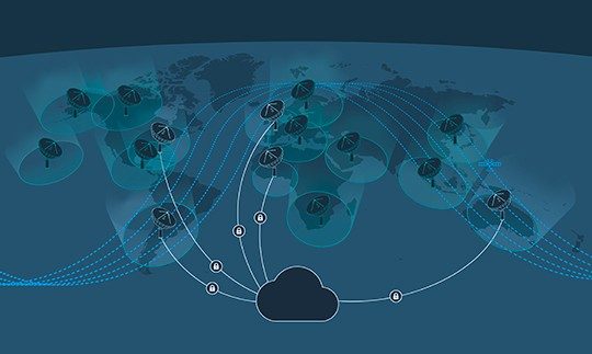 Graphic of the Earth with ground station and lock images placed across the globe to demonstrate Viasat's secure coverage