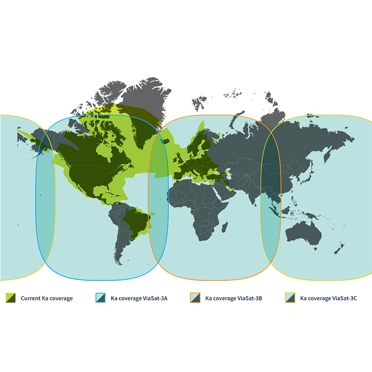 Flat map of the world demonstrating Viasat's current and future Ku and Ka coverage, coverage approximate and subject to change