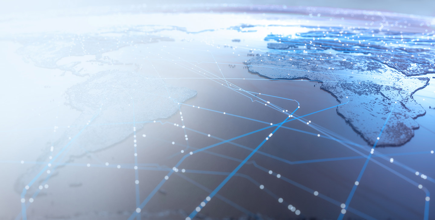 Artistic graphic of a close-up view of the world, wtih light streams demonstrating managed wireless networks