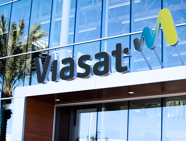 Viasat logo on top of corporate building entrance