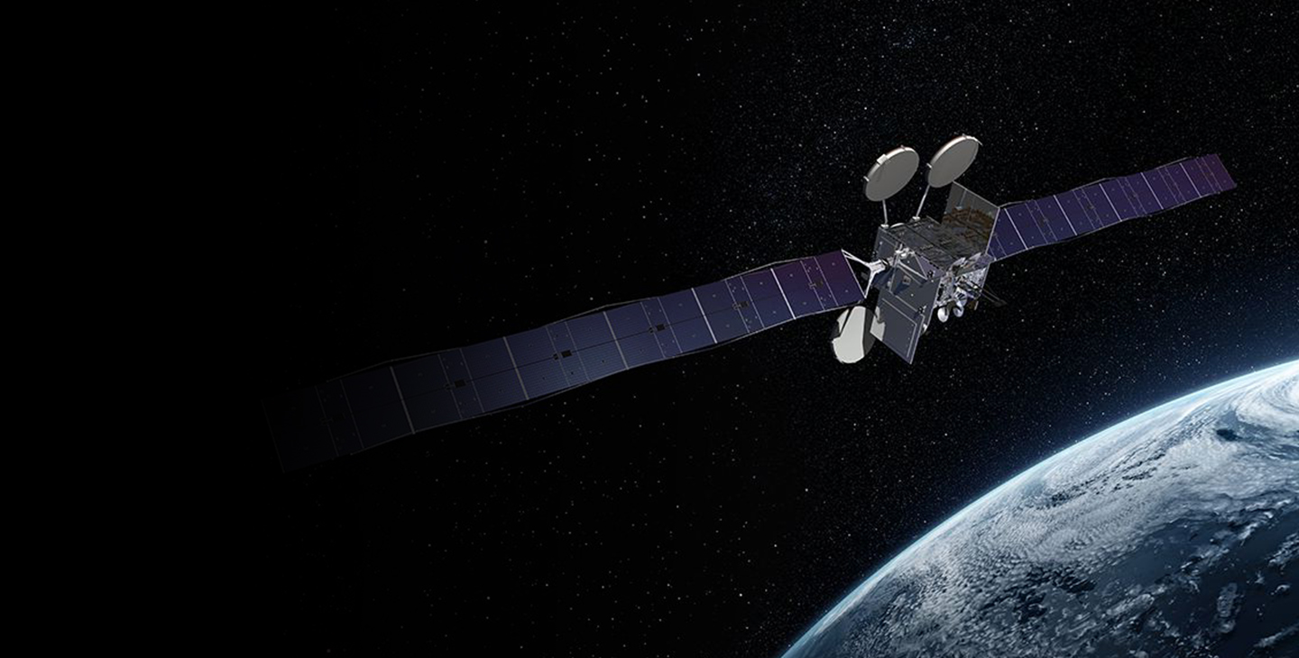Satellite orbiting over the Earth in space, one of many patented technologies from Viasat.