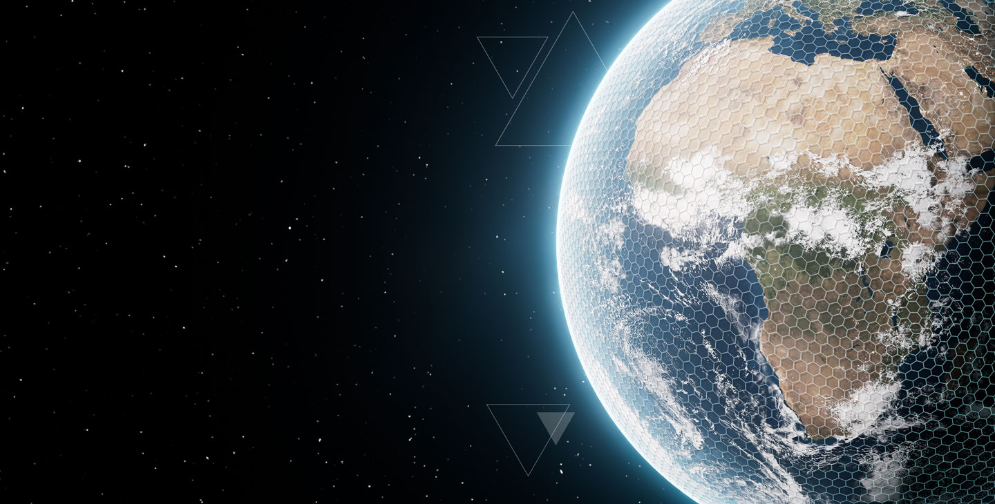 An image of earth from spoace with a grid representing the ViaSat-3 constellation's spot beam coverage and capabilities of moving bandwidth between beams