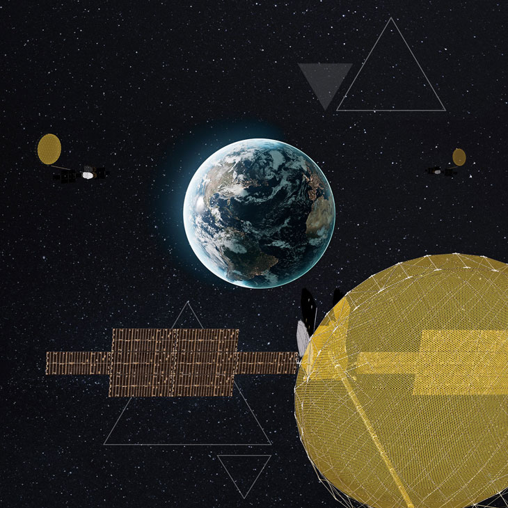 The global constellation of three ViaSat-3 satellites over earth from space