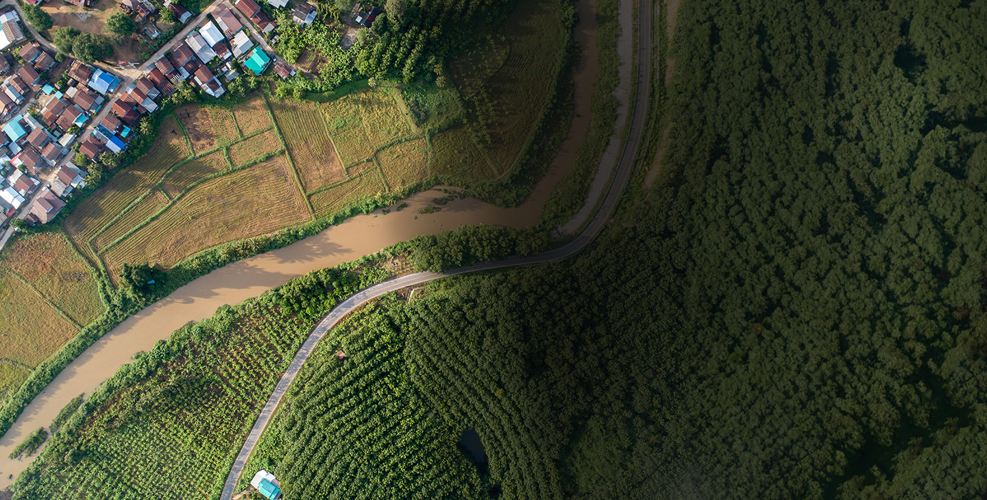 An overhead view of a rural community