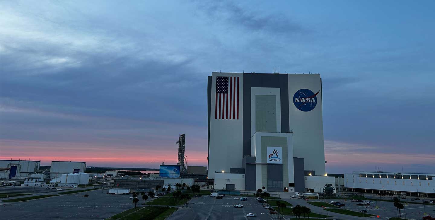 Kennedy space center at dusk