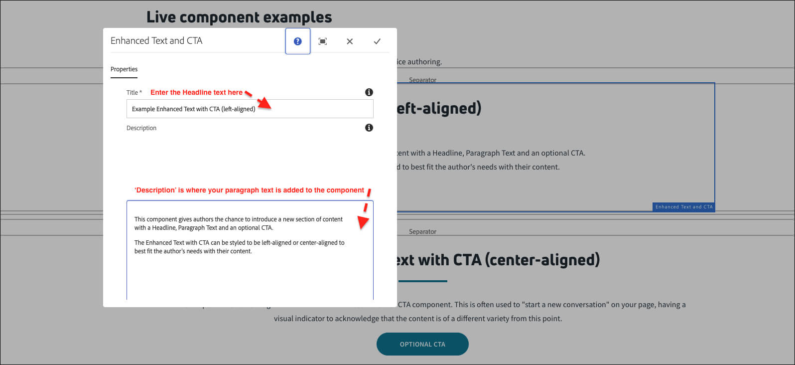 Authoring the Enhanced Text with CTA with the Configure menu