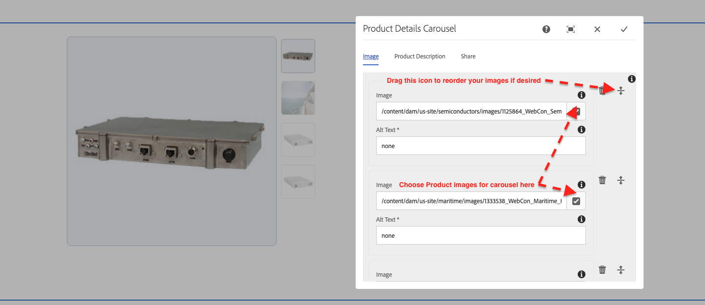 Product Detail Carousel authoring with the Configure menu