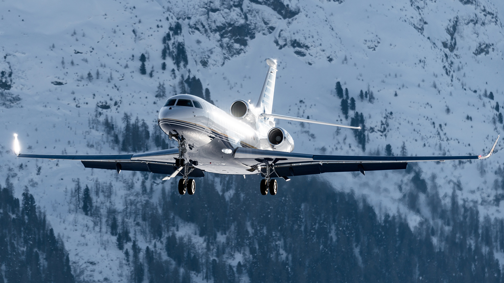 A three-engine private jet in flight with its wheels down, with a snowy, forested mountain behind it.