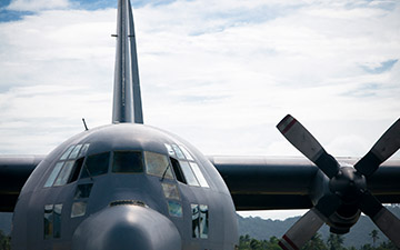 Close-up frontal view of a parked C-130 aircraft