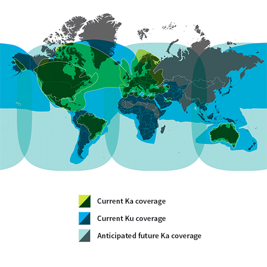 Viasat current Ku and Ka SATCOM coverage map with anticipated future Ka coverage