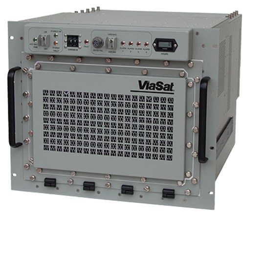 Front right angled product image of a gray RT-1829 with a Viasat logo on the front