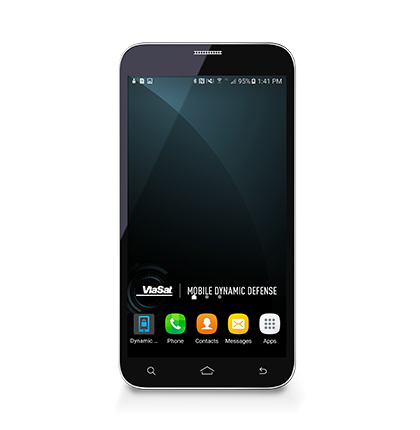 Smartphone with the Viasat logo and Mobile Dynamic Defense on the screen