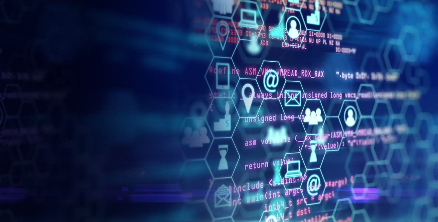 Digitized honey comb graphic containing icons layered over computer code demonstrating managed security services