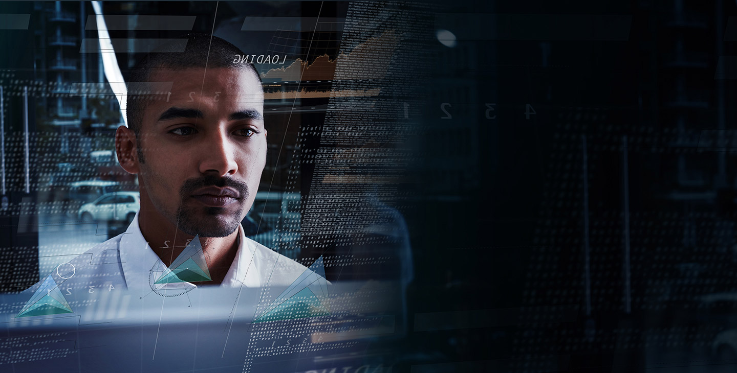 Man looking at projected managed network security data on a glass screen