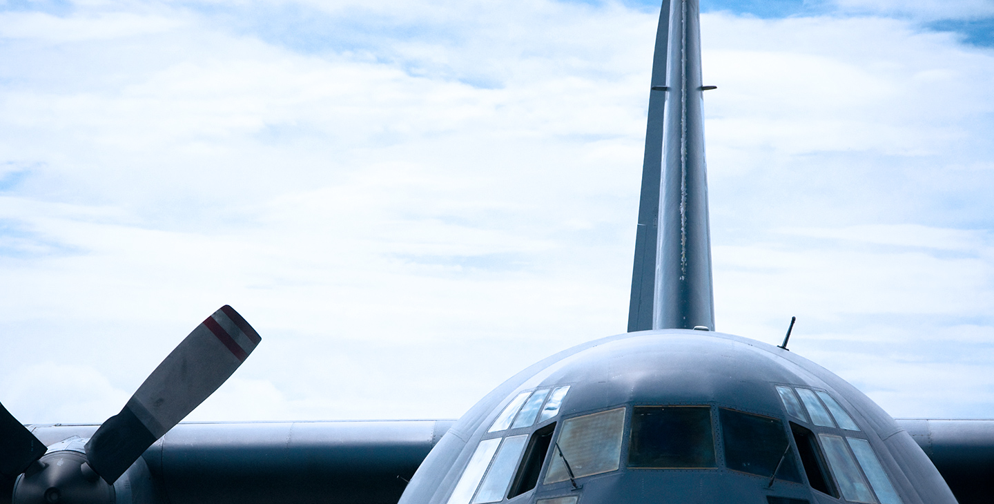 Close-up frontal view of a parked C-130 aircraft