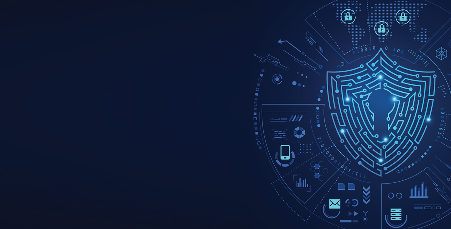Edge security graphic that looks like a keyhole lit up in vibrant blue surrounded by various cyber elements