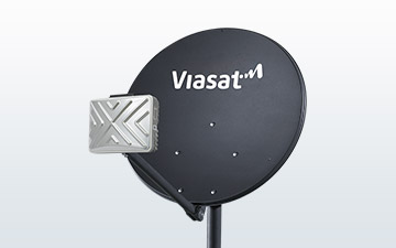 Product image of a dark grey satellite dish and TRIA with a white Viasat logo