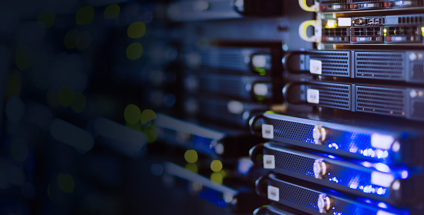 Close-up of cybersecurity products in a server room