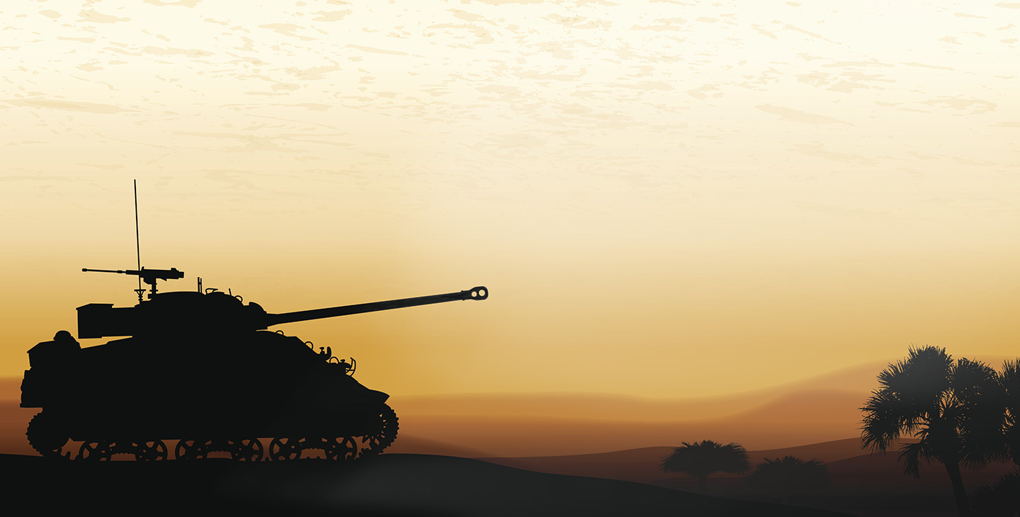 Silhouette of tank at dusk