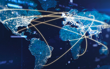 World view with connection lines between the different continents 