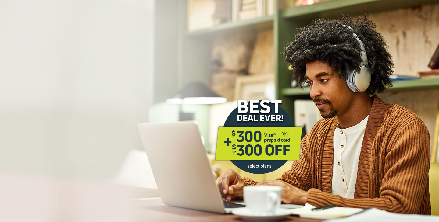Man gets connected to Viasat's internet service, with best deal ever - $300 Visa prepaid card, plus up to $300 off select plans.