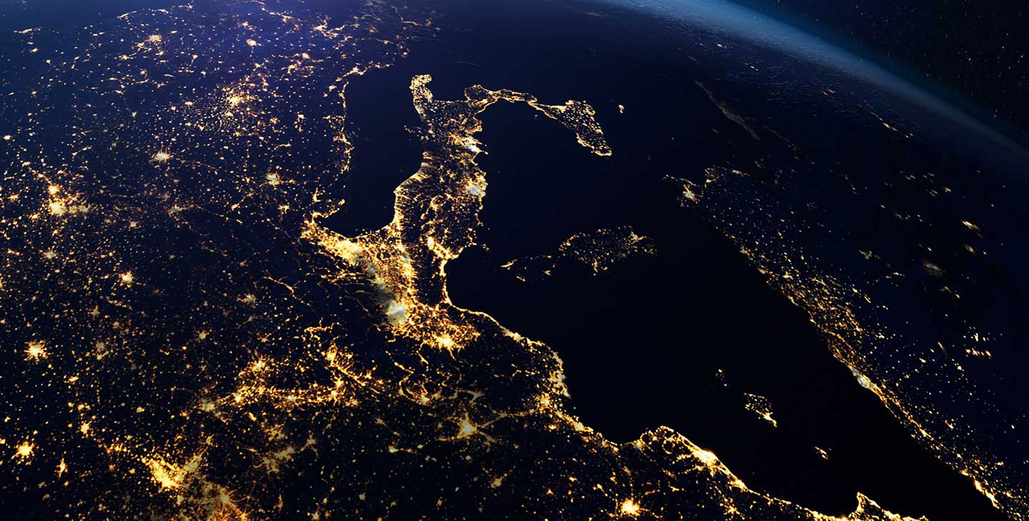 A view from space of the  new ViaSat-3 constellation bringing high-speed, global connetiivity to people and places around the world